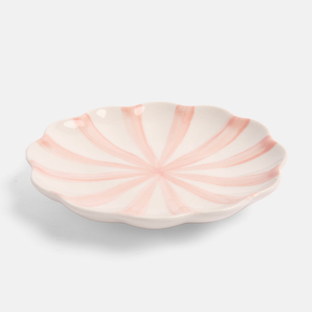 hand painted glazed stoneware pink stripe trinket dish with scalloped edges