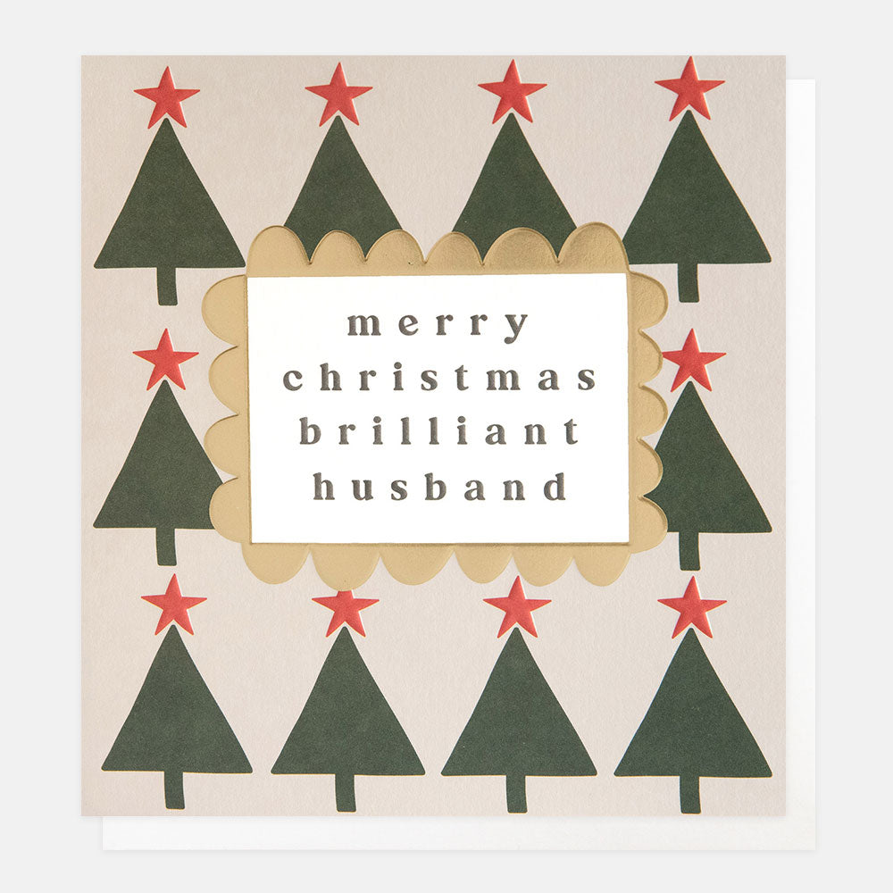 Christmas card featuring green Christmas tree with red stars and the wording merry Christmas wonderful husband inside a scallop edged frame