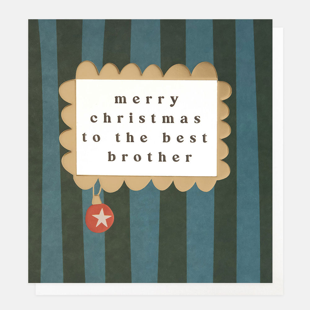 blue & green striped Christmas card with a gold scallop edged frame featuring the words merry Christmas to the best brother