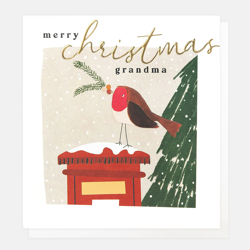 Christmas card featuring a robin on top of a snowy red post box and the words merry Christmas grandma