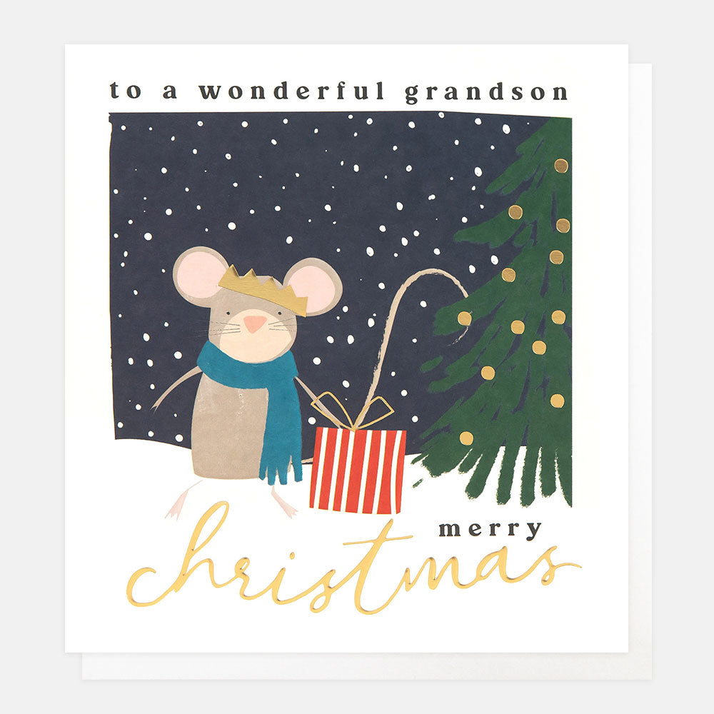 Christmas card with a mouse holding a gift and a Christmas tree, text 'to a wonderful grandson merry christmas' on a snowy background.