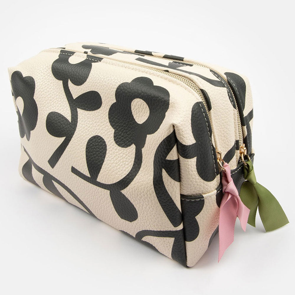 black and white monochrome floral print leather look washbag