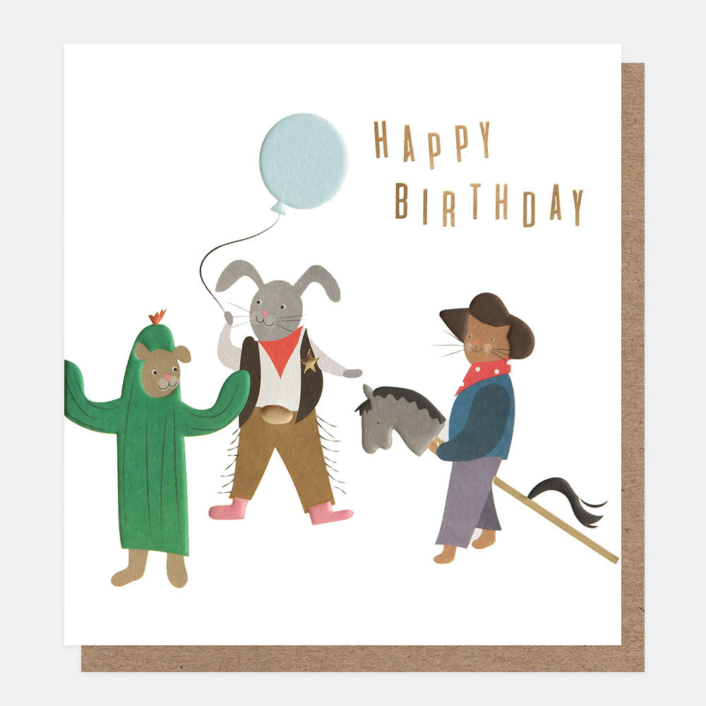 happy birthday card featuring cartoon animals dressed up in cowboys fancy dress