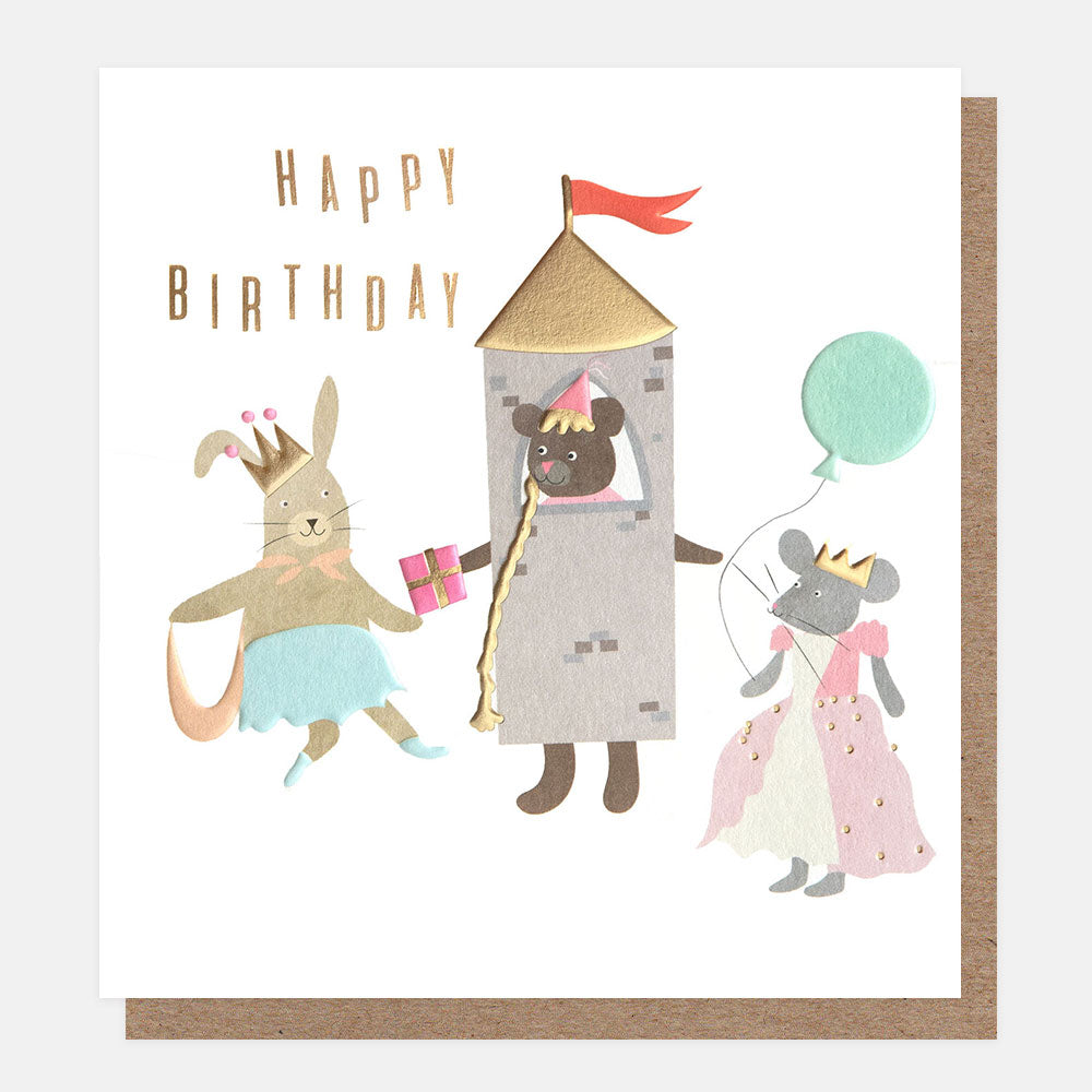 happy birthday card featuring cartoon animals dressed up as a princess, a castle, and a jester