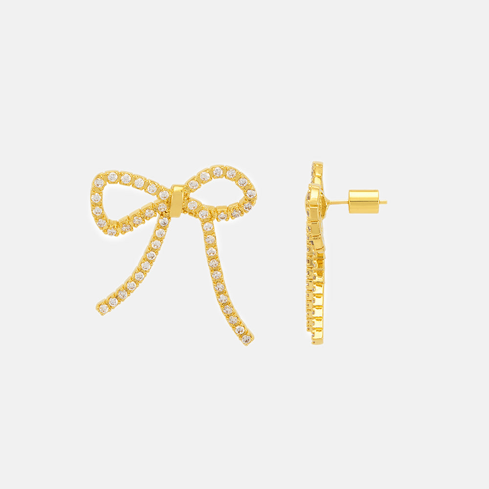 gold plated with cubic zirconia bow shaped tennis earrings, made by Estella Bartlett