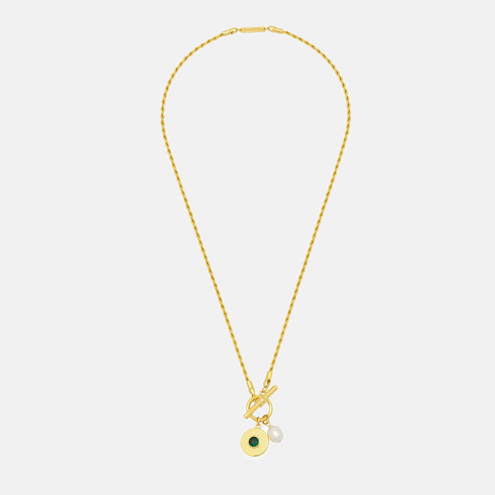 gold plated t bar rope necklace with green cubic zirconia and pearl charms, made by Estella Bartlett