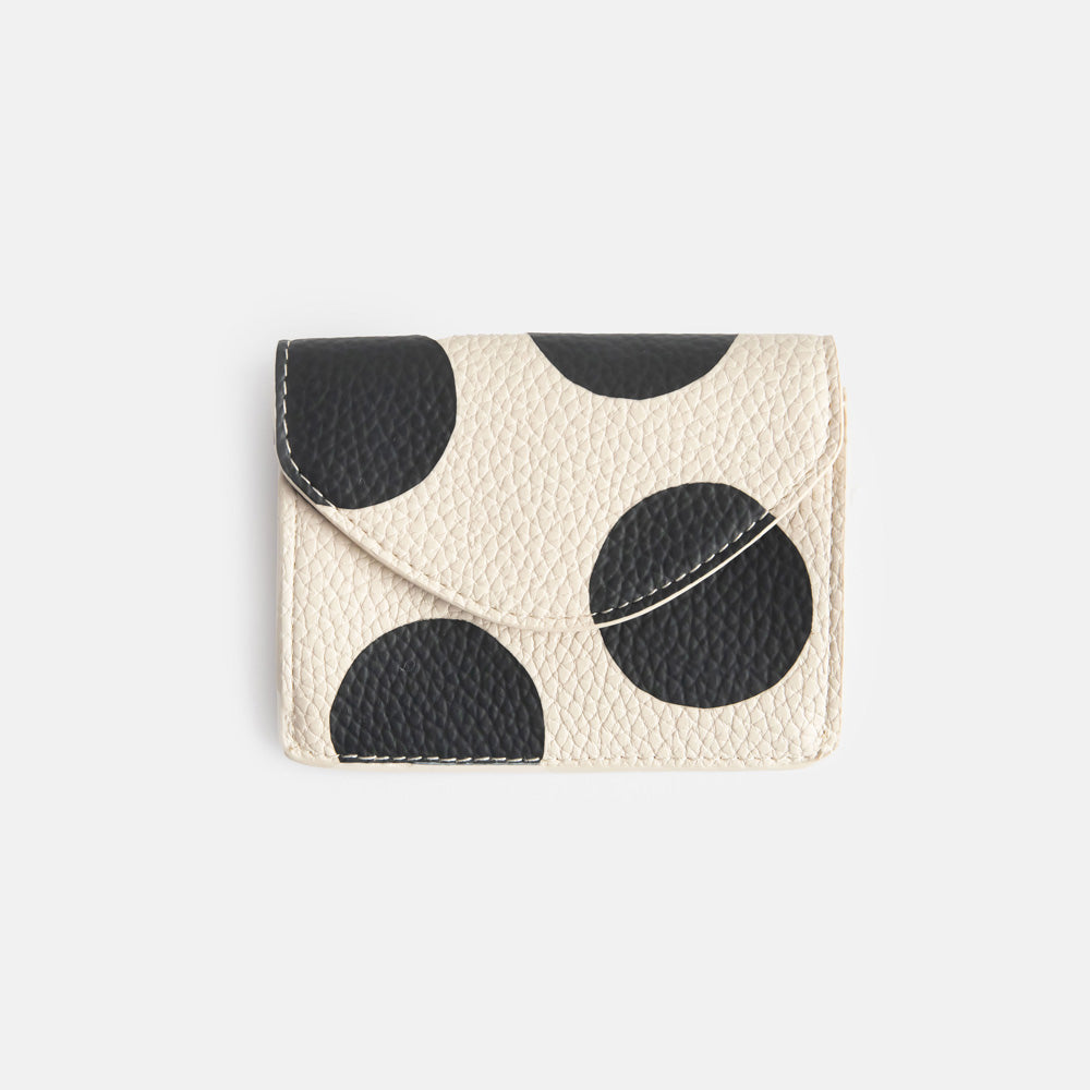 leather look PU envelope card holder purse with big monochrome dots print design, 3 card slots and internal pocket