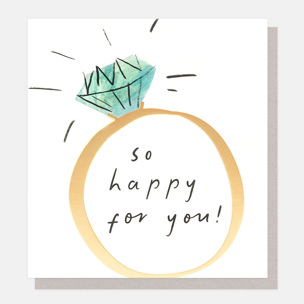 engagement card with gold ring with a large diamond and the wording so happy for you