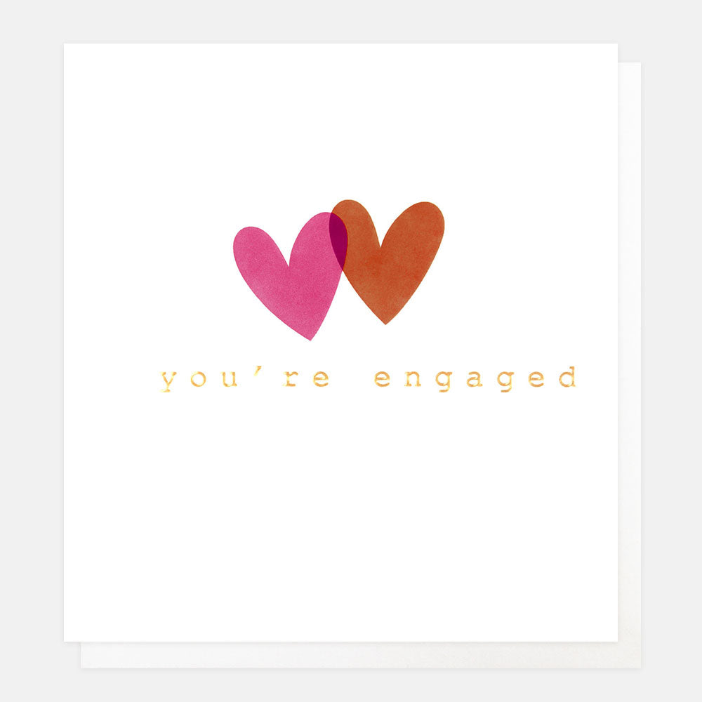 engagement card with two overlapping hearts in pink & red and the wording you're engaged