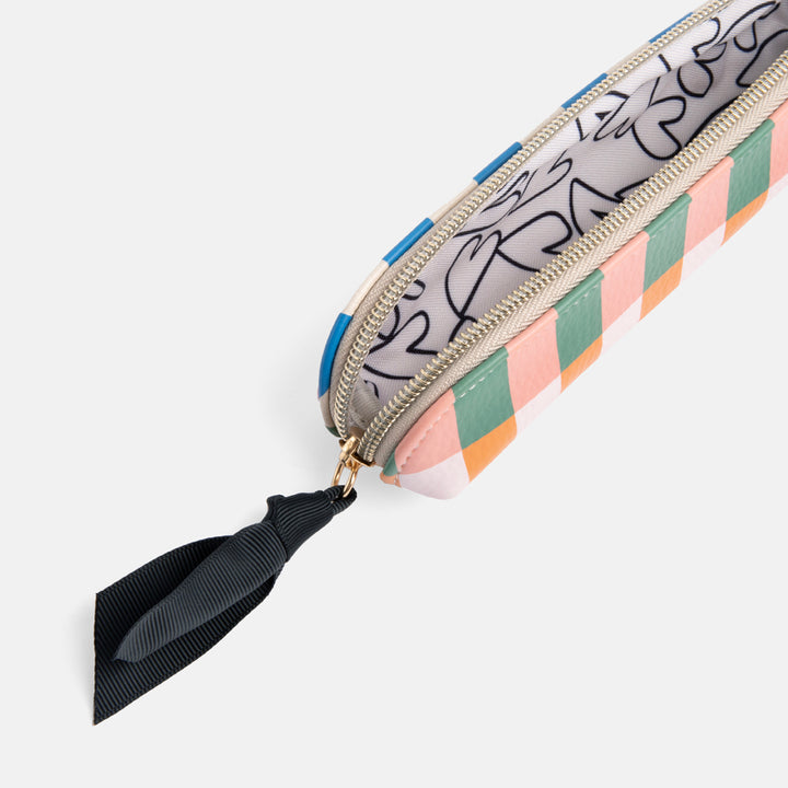 multi coloured stripes leather look slim pencil case with heart print lining