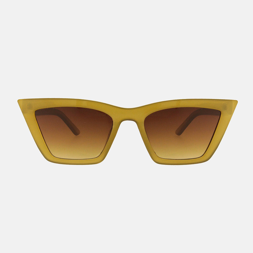olive square edge sunglasses with brown gradient uv protective lenses
