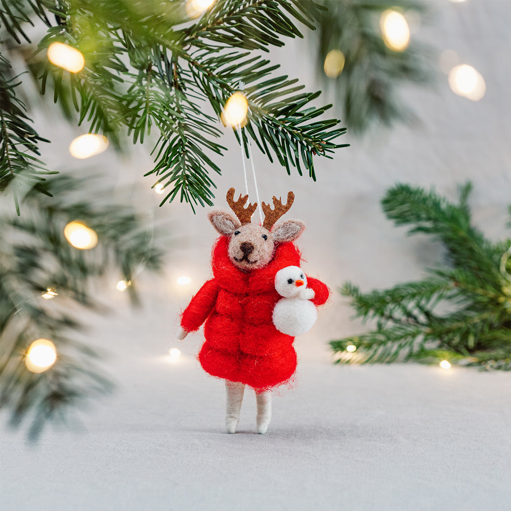 reindeer in a red puffer jacket felt hanging christmas tree decoration