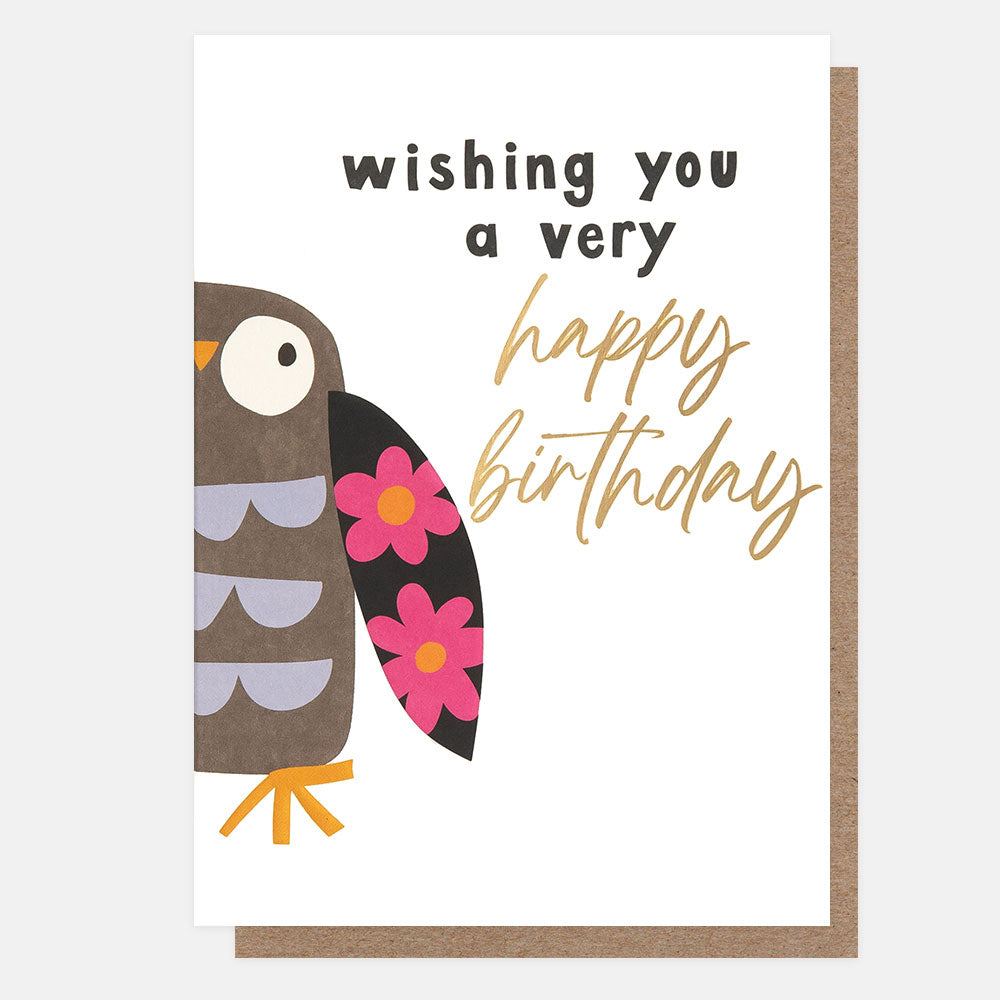 birthday card featuring a colourful owl centered on the card fold and 'wishing you a very happy birthday" message