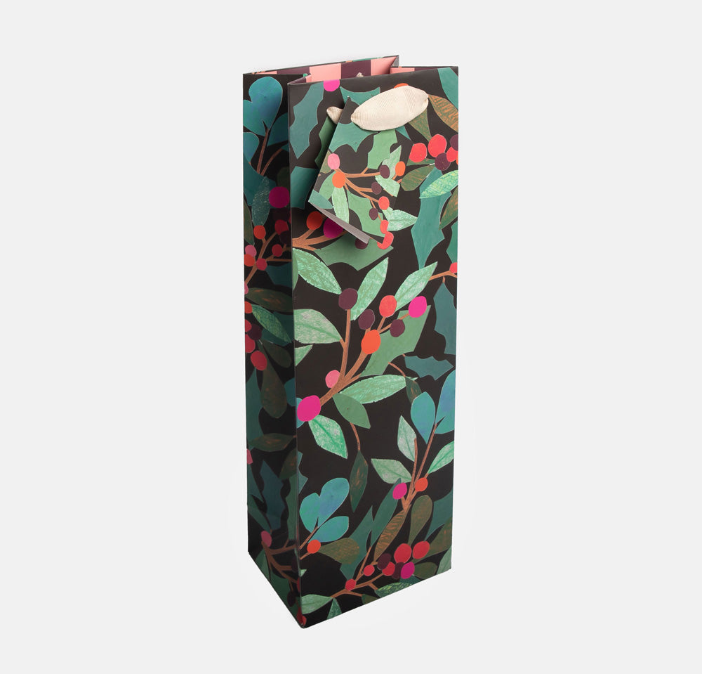 holly & berries print bottle gift bag