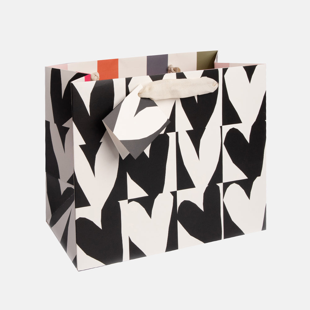 monochrome checked hearts print large landscape gift bag with matching gift tag
