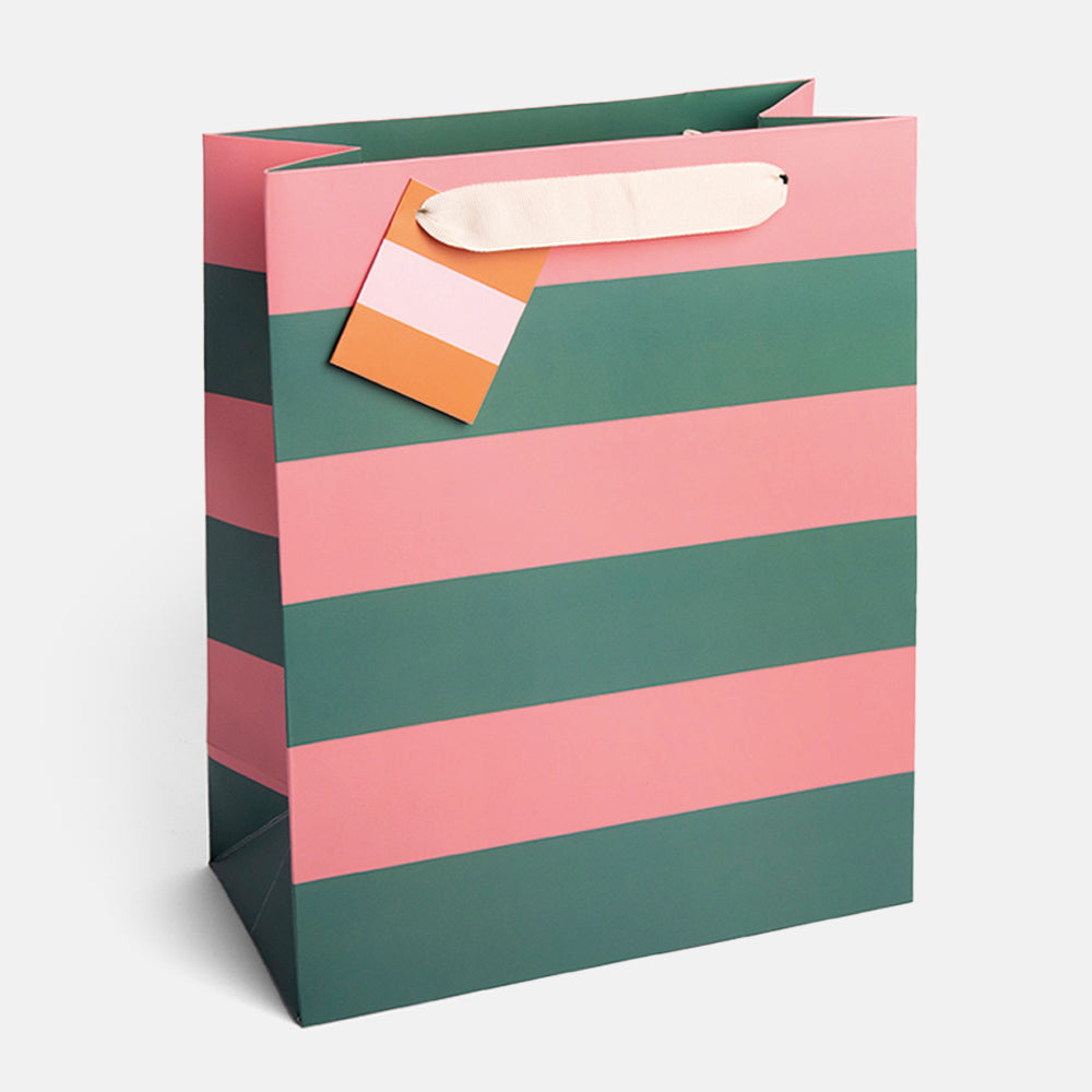 green & pink wide stripe large gift bag