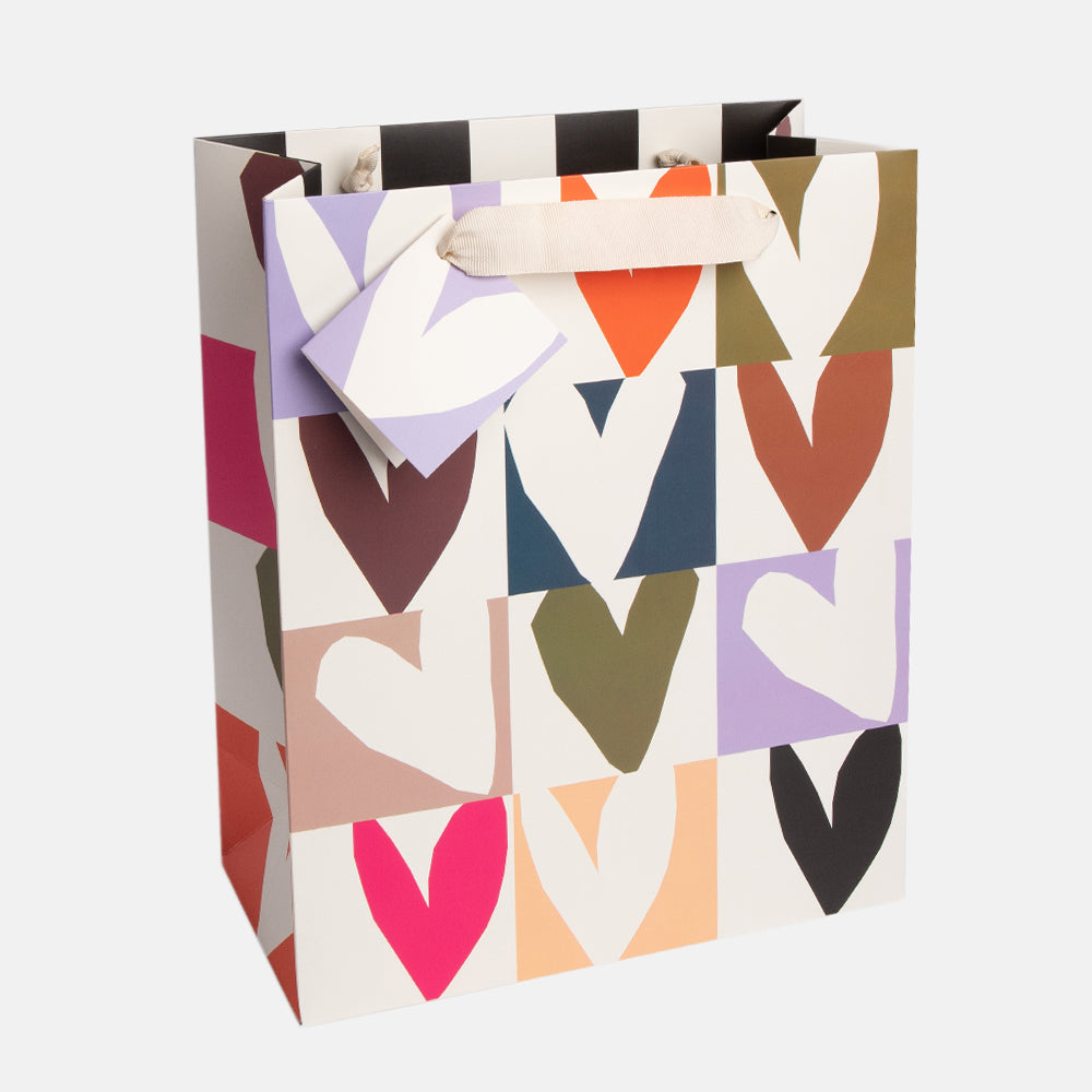 multi coloured checked hearts large gift bag with matching gift tag