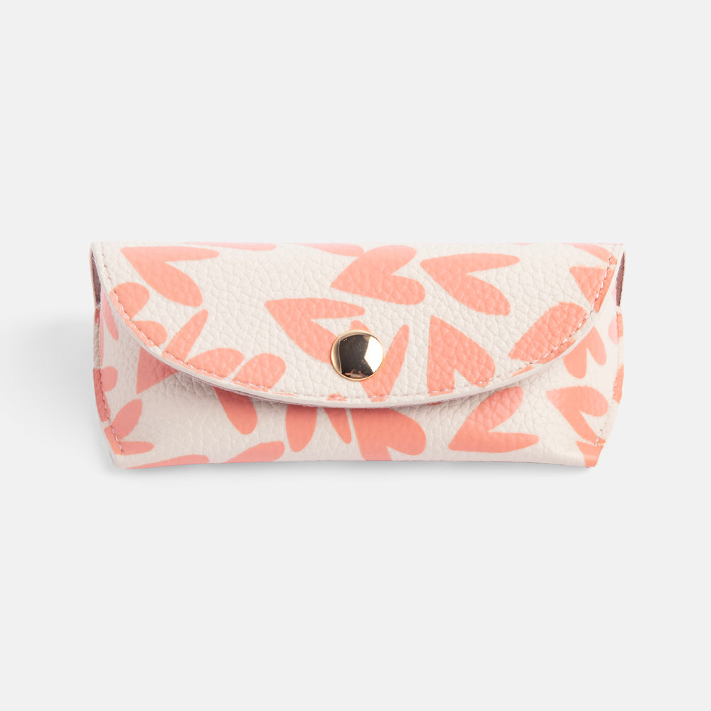 coral pink hearts print leather look glasses case with suedette lining