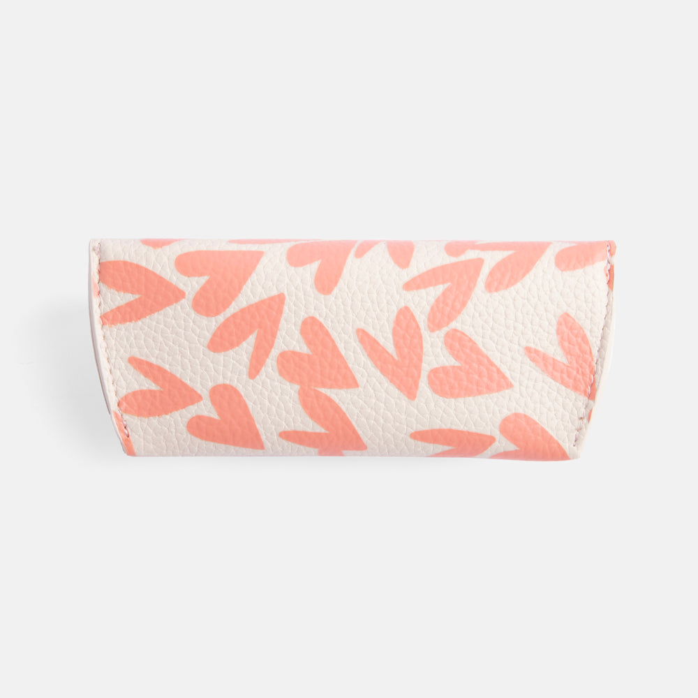 coral pink hearts print leather look glasses case with suedette lining