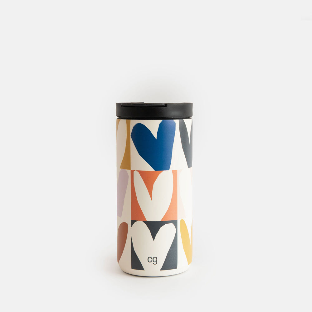 insulated stainless steel travel mug in a multicoloured hearts design