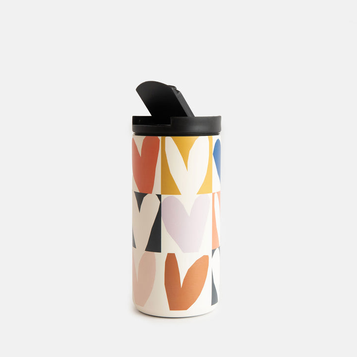 insulated stainless steel travel mug in a multicoloured hearts design