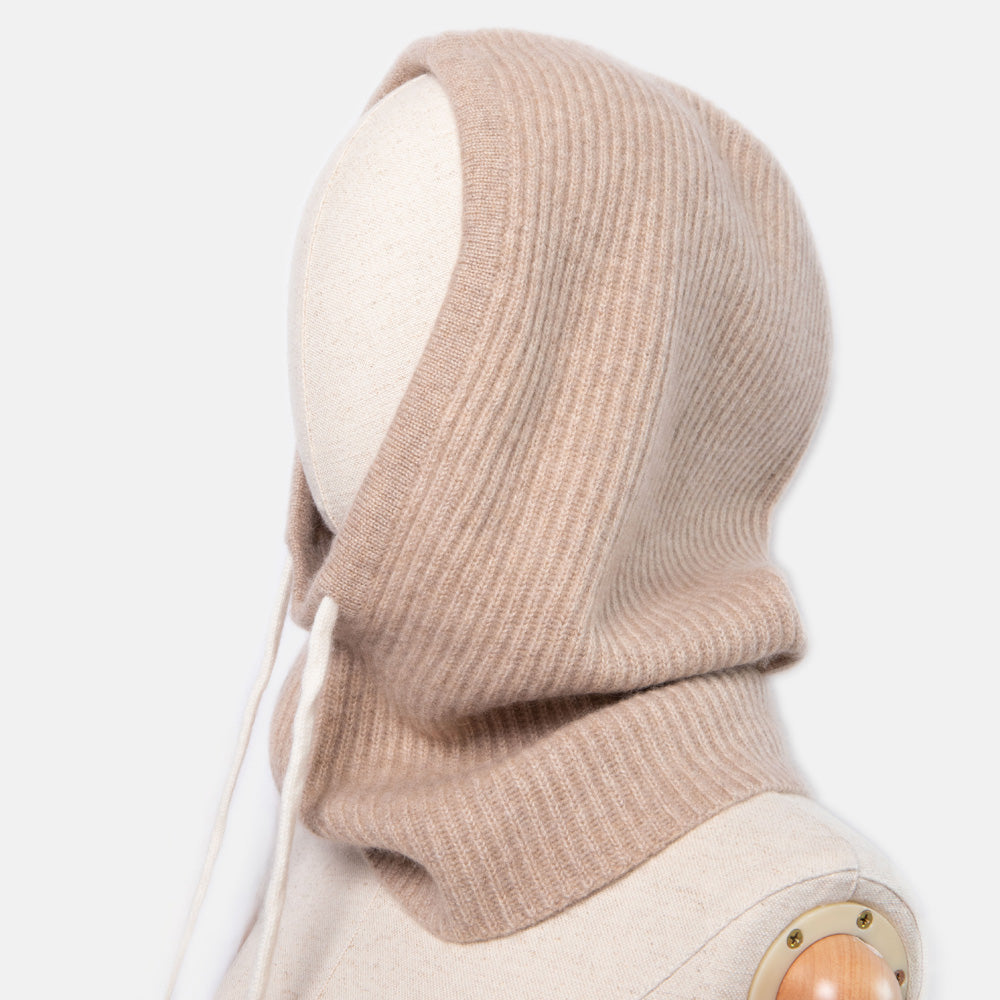 taupe pure cashmere wool balaclava hood with cream drawstrings
