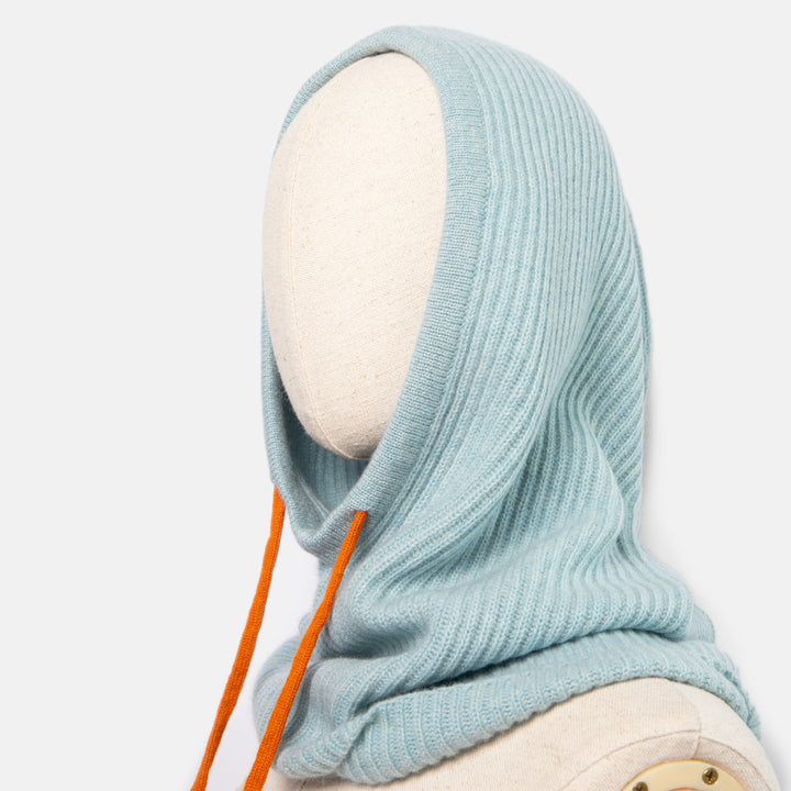 light blue pure cashmere wool balaclava hood with orange drawstrings