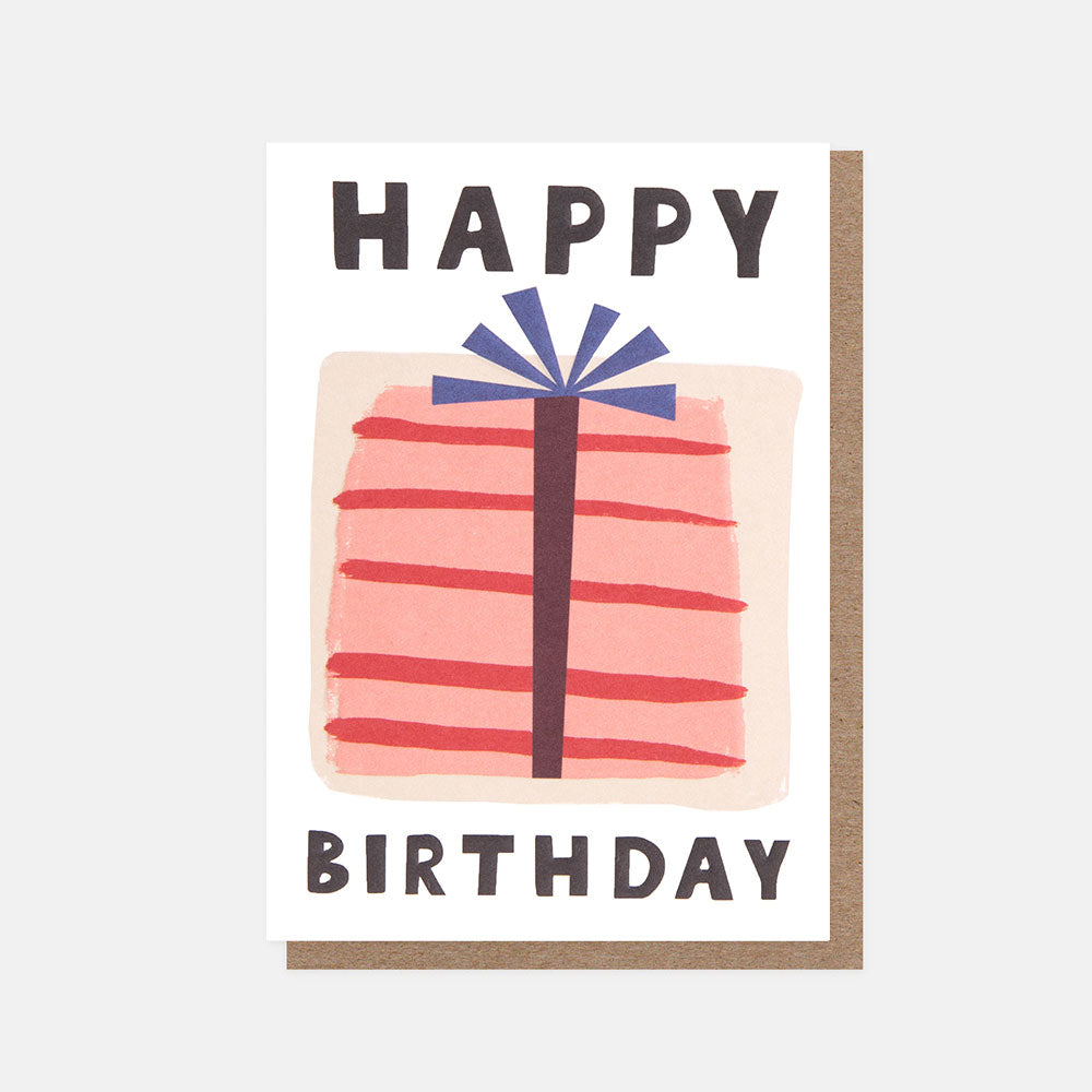red & pink stripy present happy birthday card