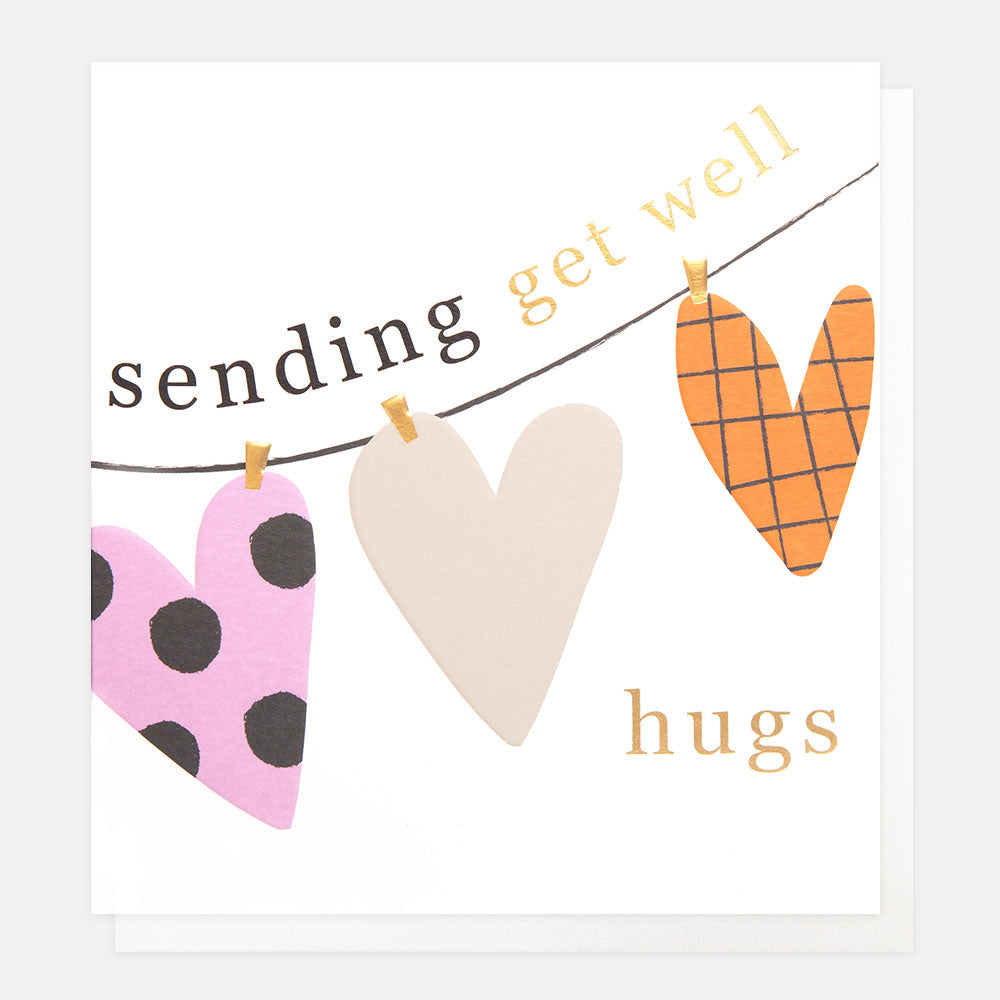 patterned hearts on a washing line ' sending get well hugs' card