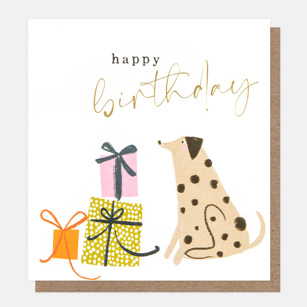 spotty dog and colourful presents happy birthday card