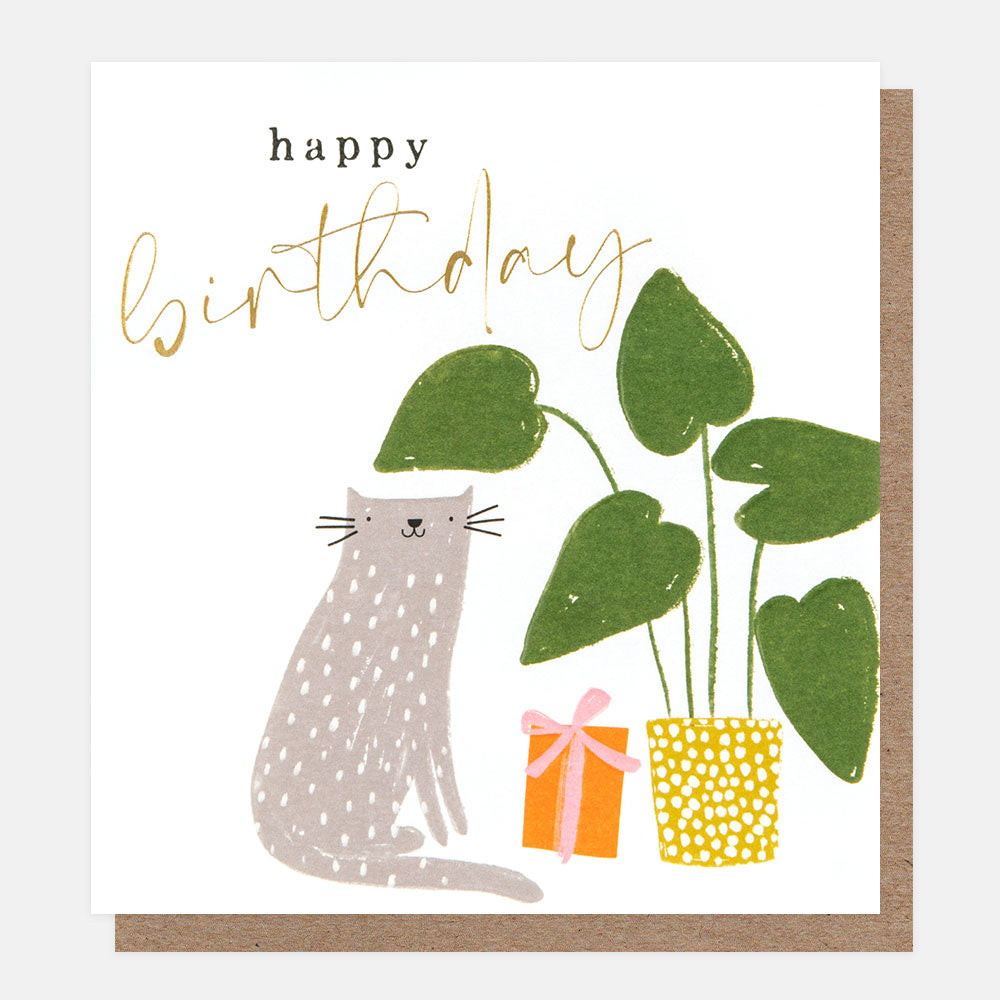 cat with present and plant in pot happy birthday card