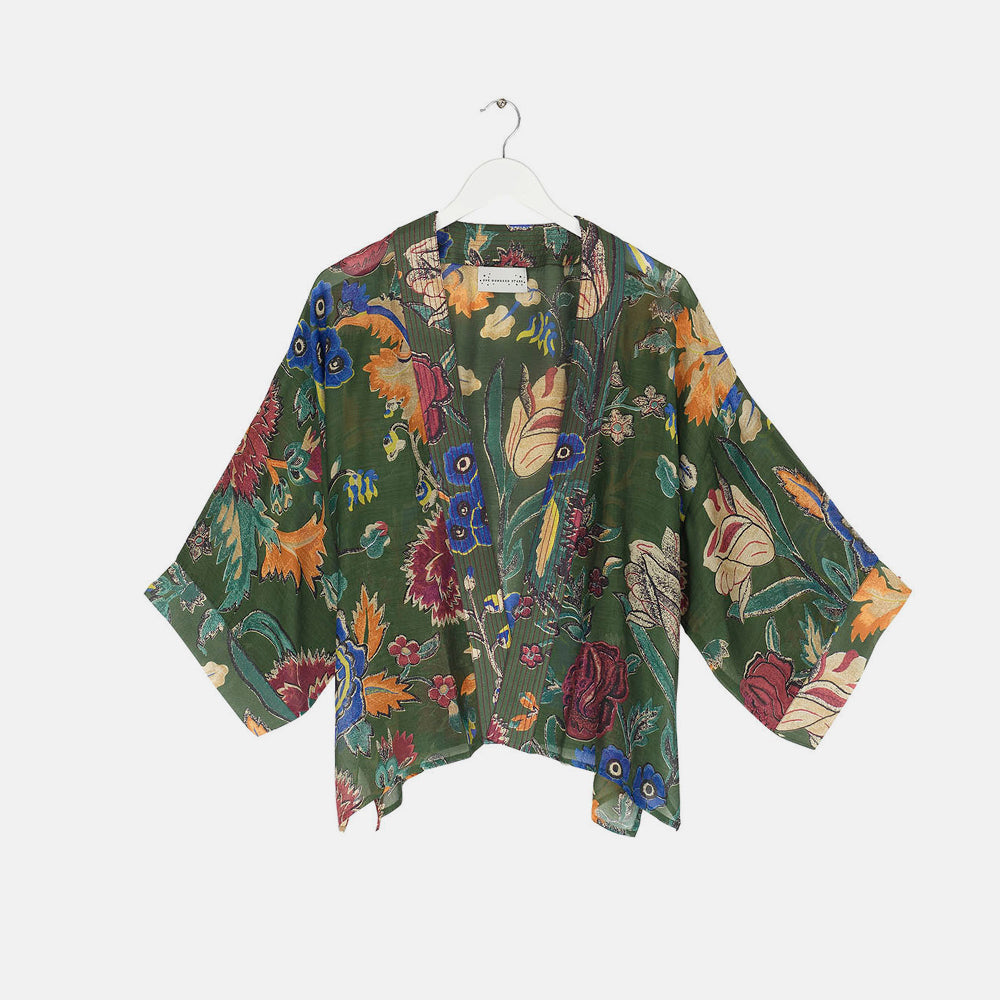 colourful flowers on a green background short kimono