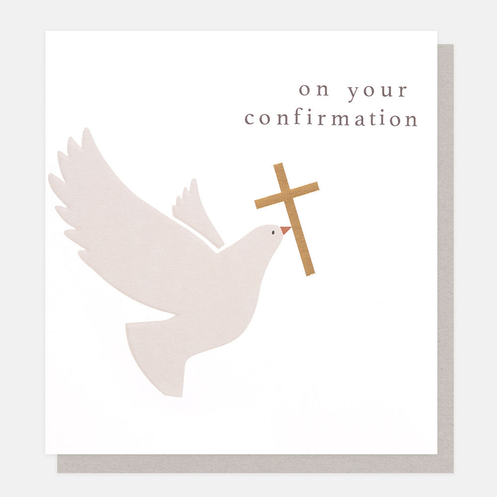 grey dove holding a gold cross 'on your confirmation' card
