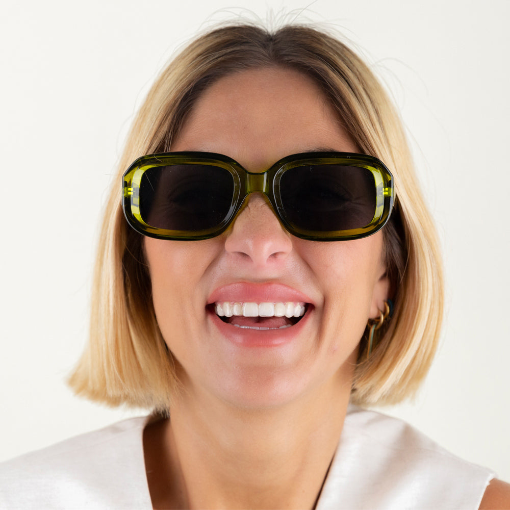 green wide framed sunglasses, made by Charly Therapy
