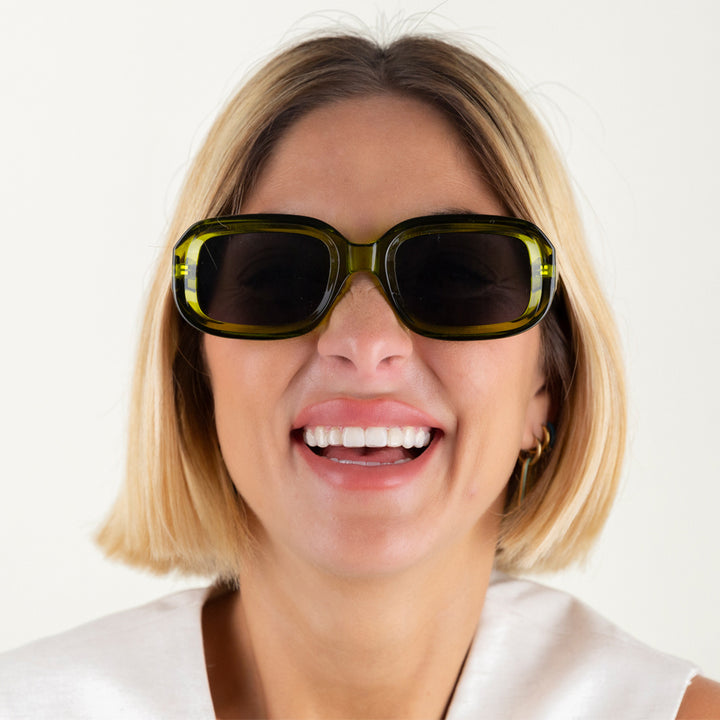 green wide framed sunglasses, made by Charly Therapy