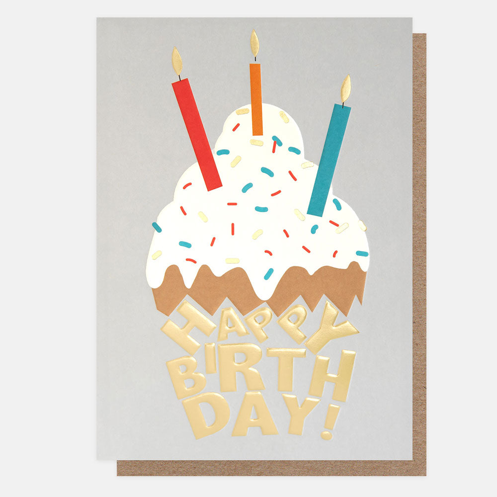 cupcake with sprinkles & candles happy birthday gold lettering card