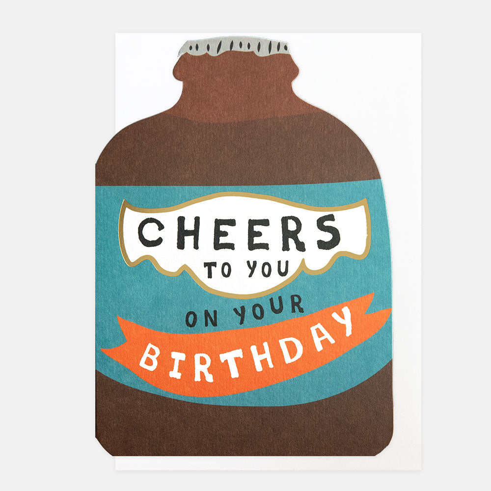 birthday card cut out in a bottle shape featuring the 'cheers to you on your birthday' message