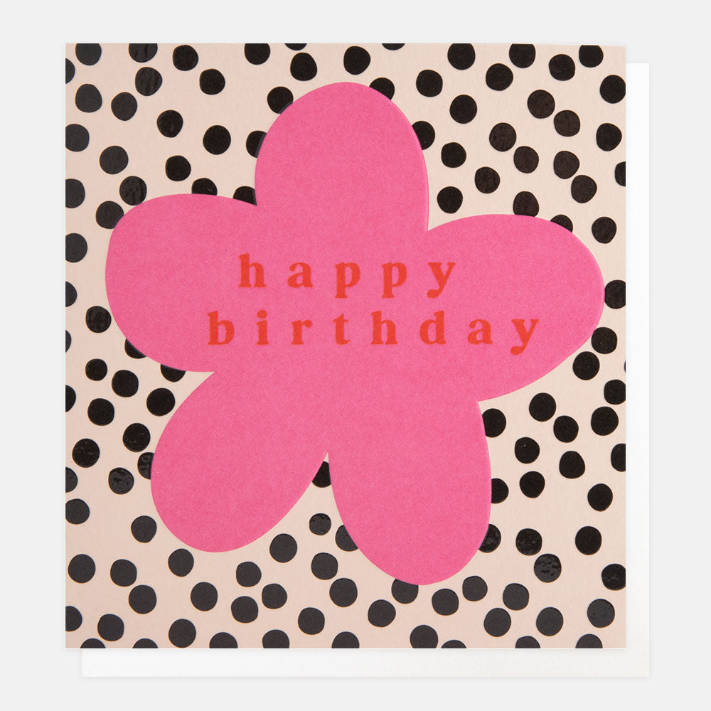 pink flower on spotty background happy birthday card