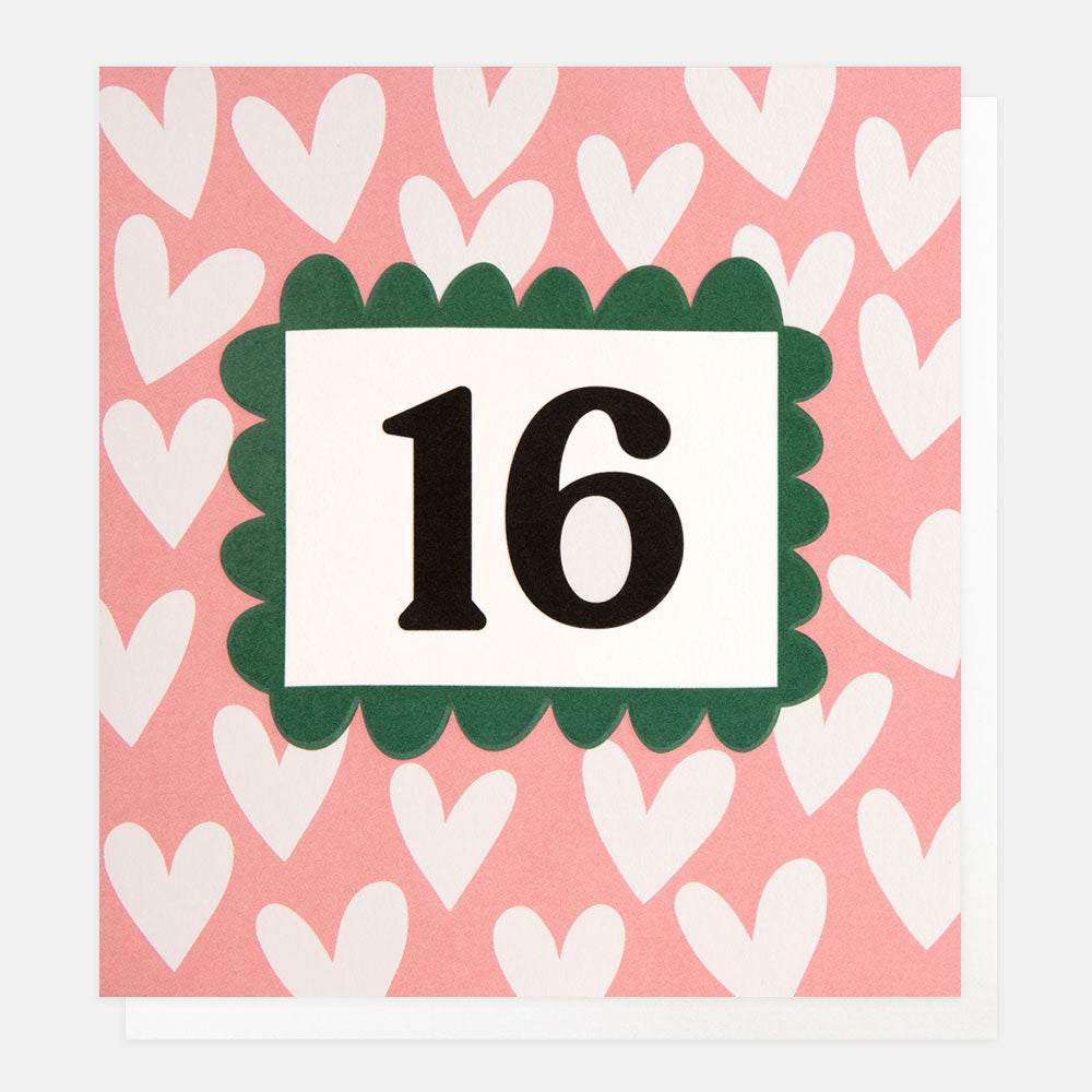 white hearts on pink background 16th birthday card