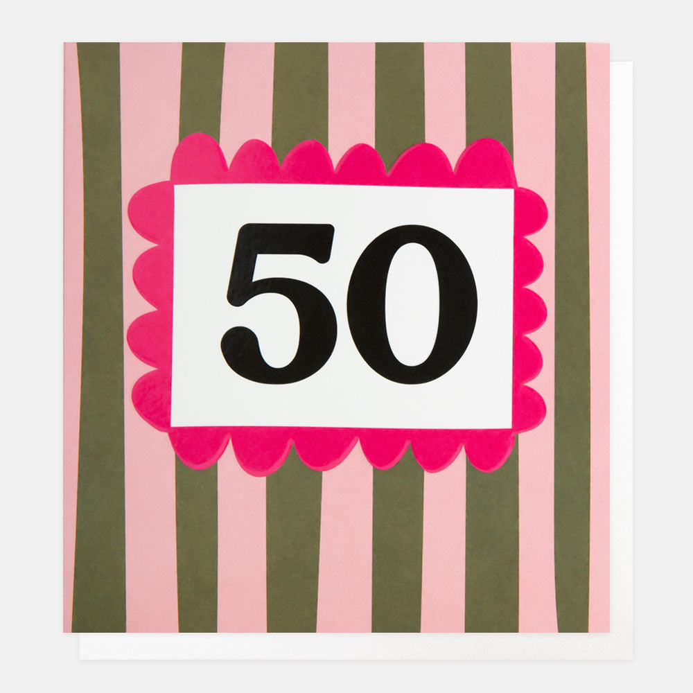khaki & pink striped 50th birthday card