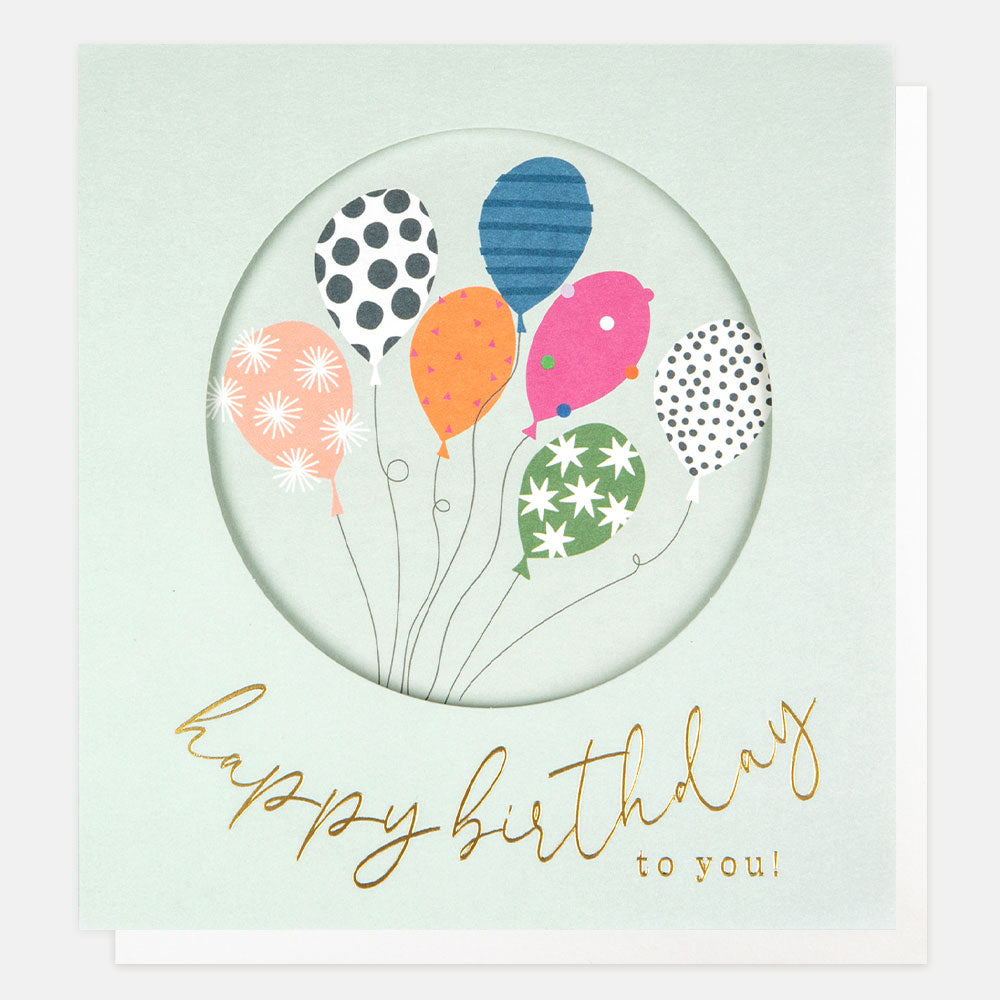 multi coloured patterned balloons with gold foil letters happy birthday to you card