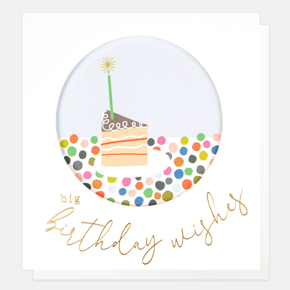 colourful spots slice of cake and candles big birthday wishes card