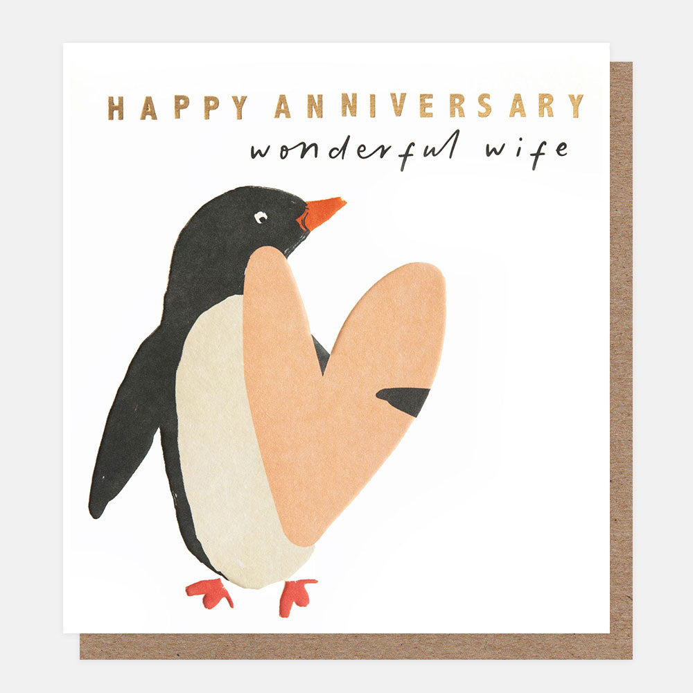 anniversary card featuring a black and white penguin holding a rose gold love heart and wording happy anniversary wonderful wife