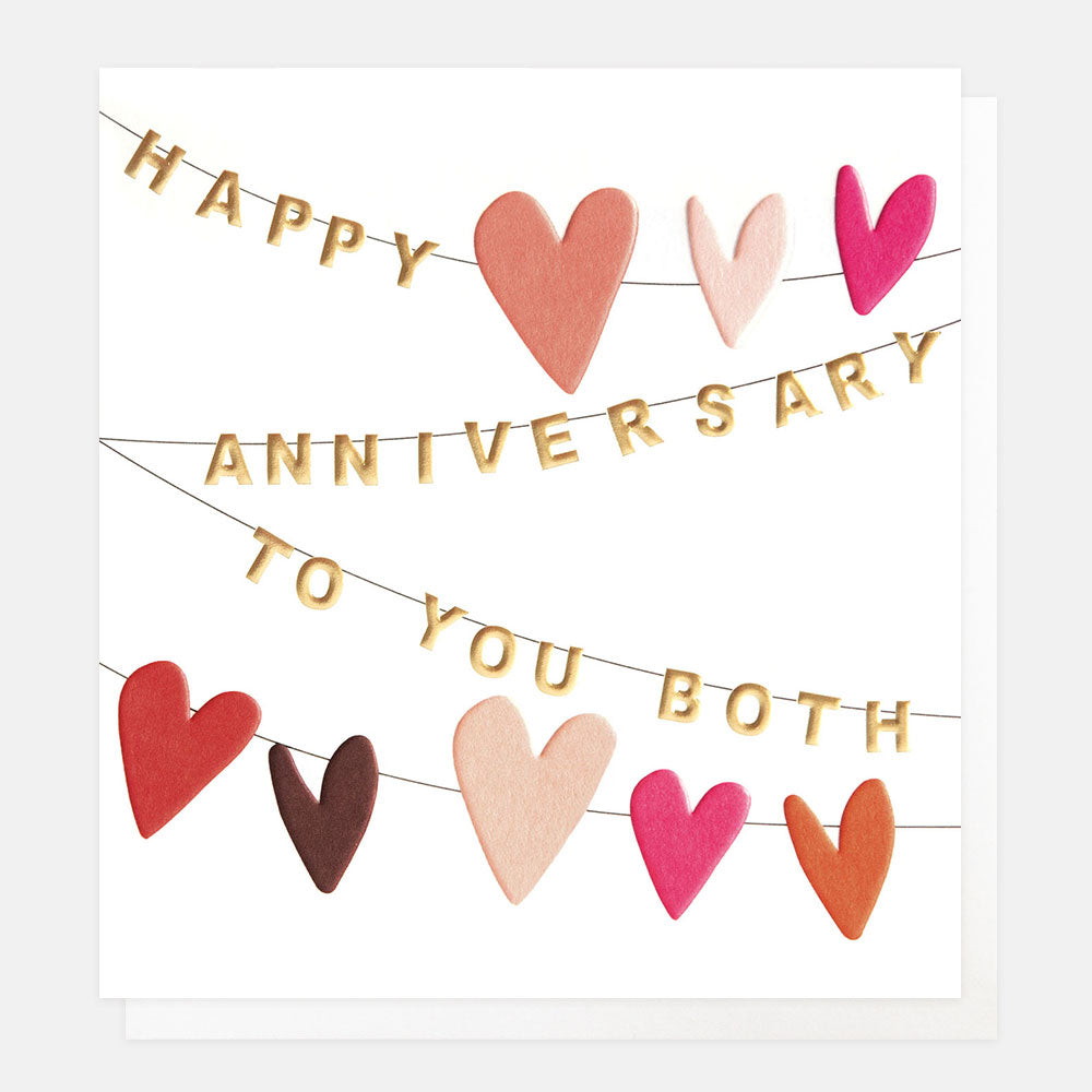 anniversary card featuring pink & red hearts bunting and the words happy anniversary to you both
