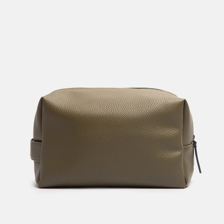 green leather look large travel washbag with double zip opening and grab handle