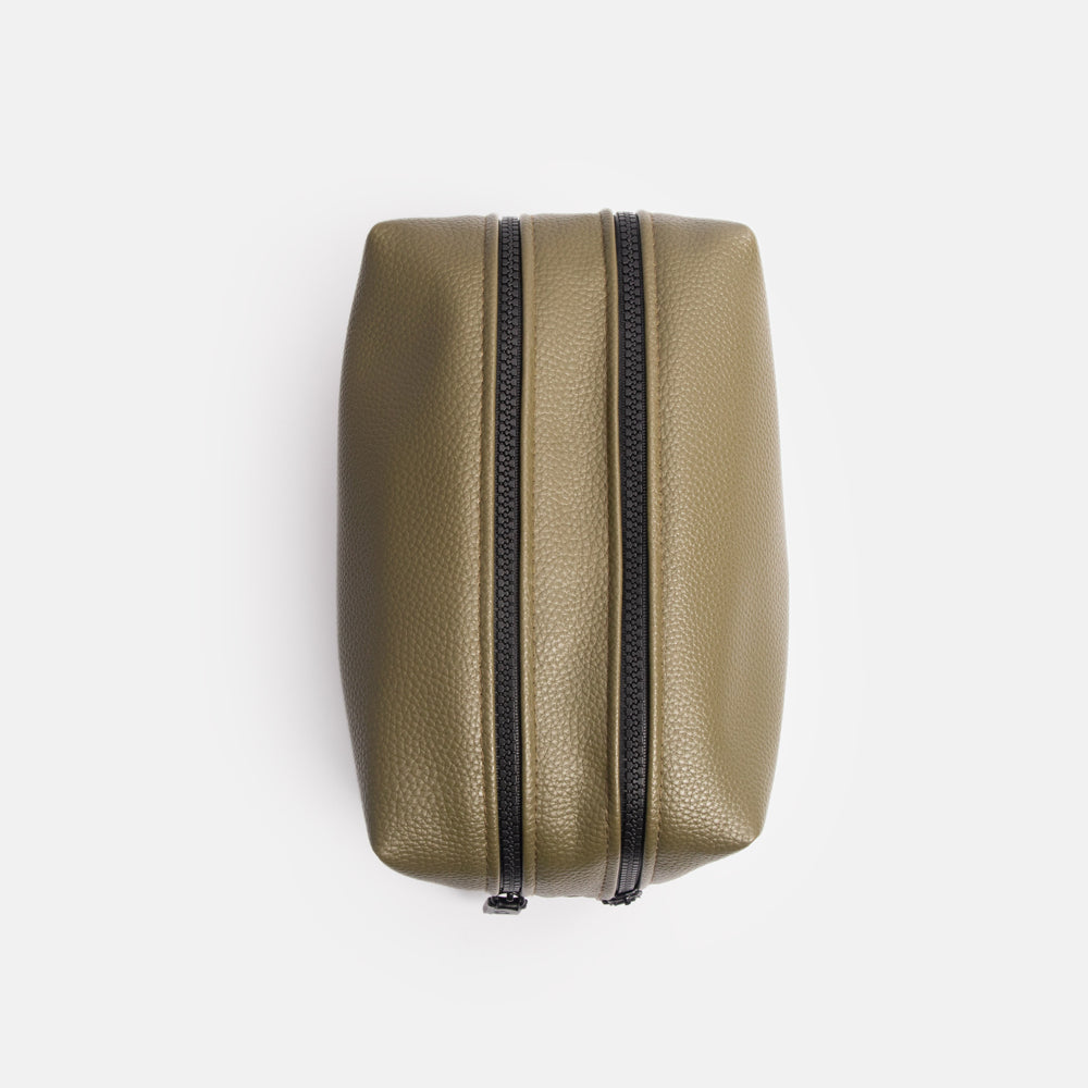 green leather look large travel washbag with double zip opening