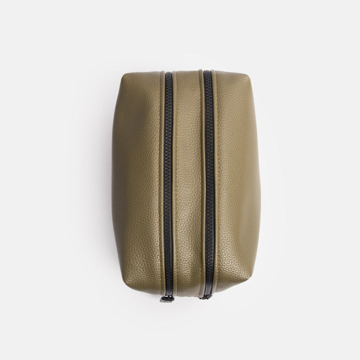 green leather look large travel washbag with double zip opening