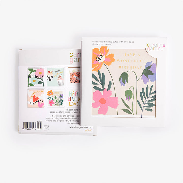 pack of 6 pastel coloured birthday cards in different designs