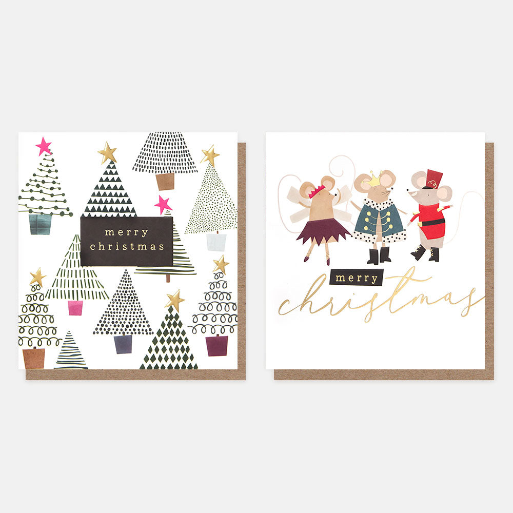 two Christmas card designs on white background, one with various pattered tree and gold & pink stars, the other with three mice in fancy dress