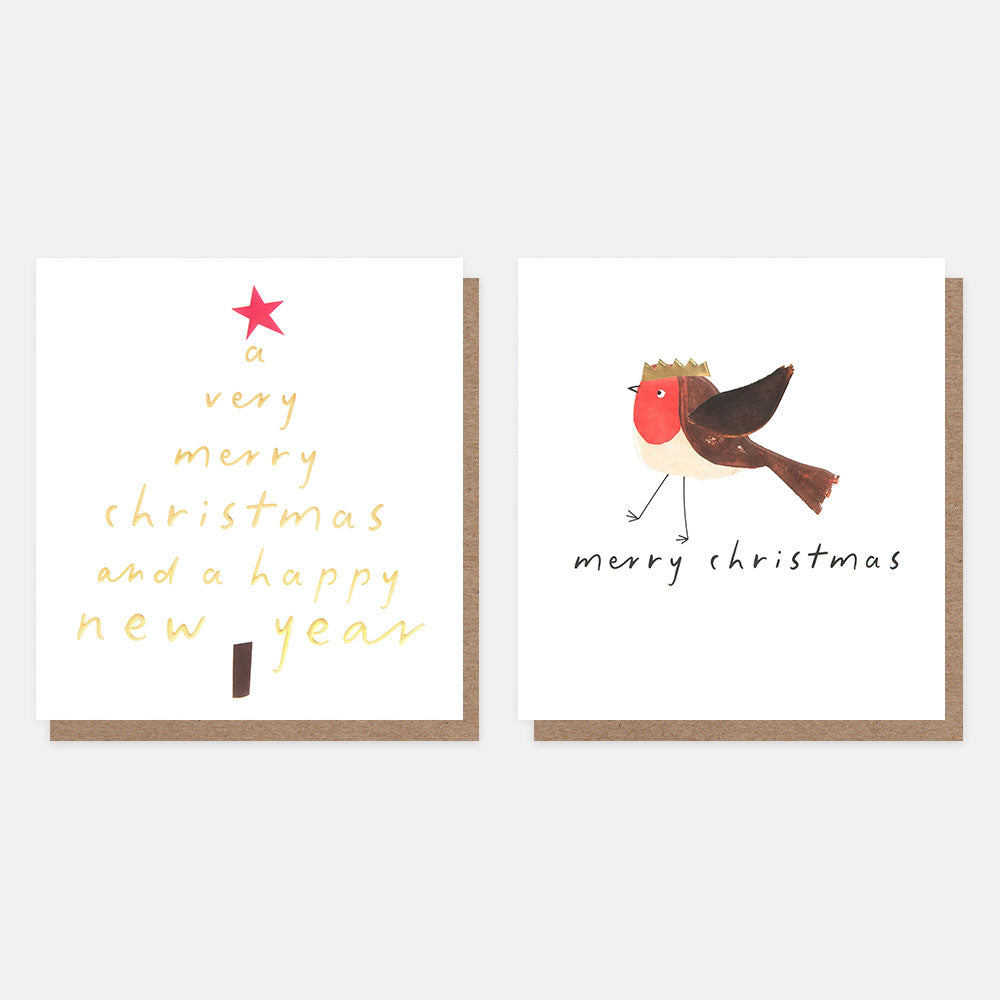 Two Christmas card designs on a white background, one with a Christmas message in gold script in the shape of a tree with oink star, the other with a robin in a gold Christmas hat